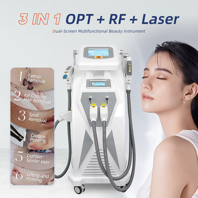 Doppio schermo 3 in 1 Multifunzionale RF Face Lifting Nd Yag Laser Tattoo Removal OPT IPL Machine di depilazione